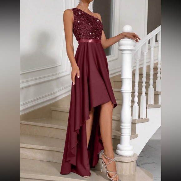 Luxe one shoulder asymmetrical hem satin sequins party dress - Picture 5 of 5